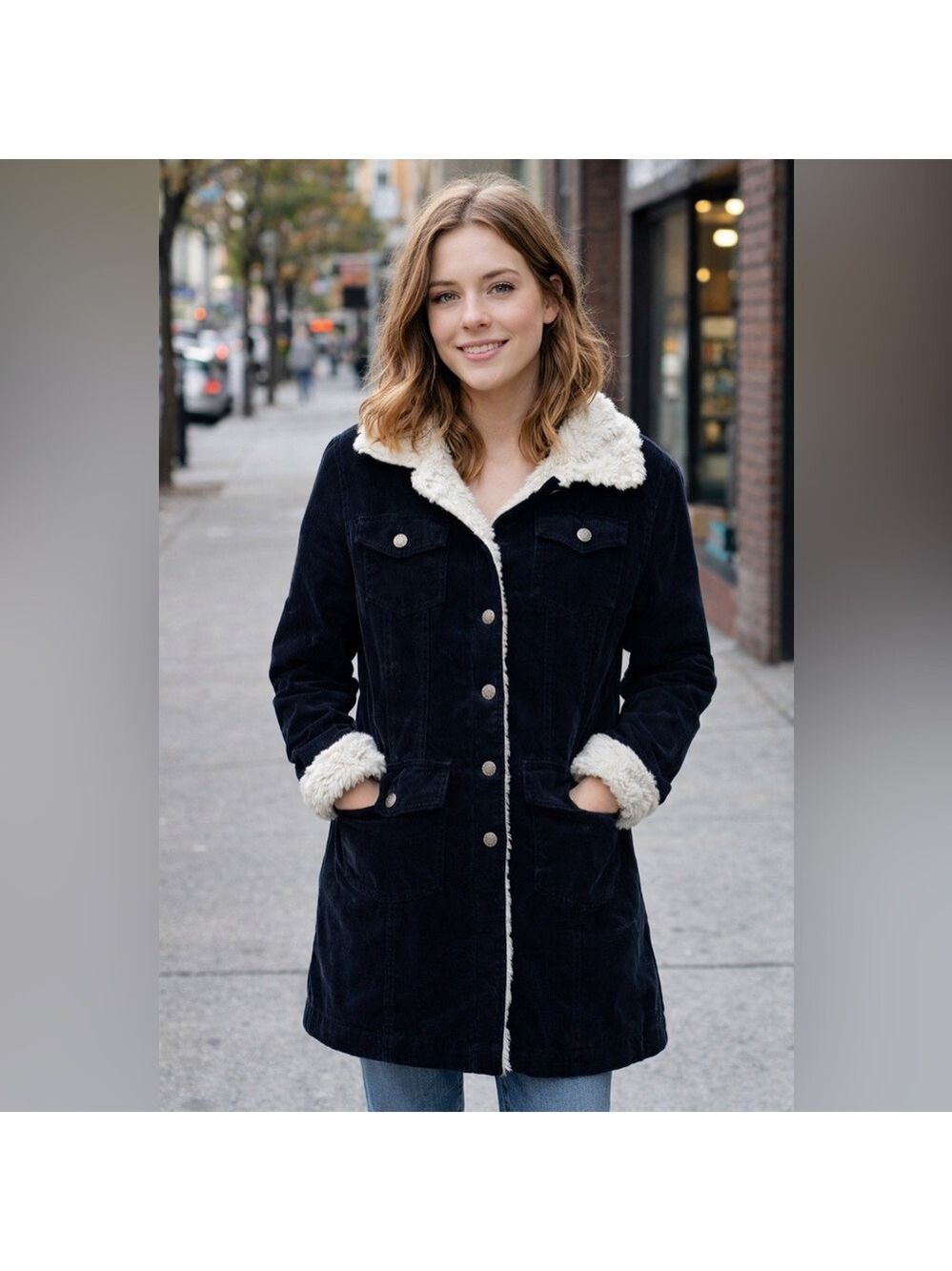 Corduroy Jacket with White Faux Fur Collar Large